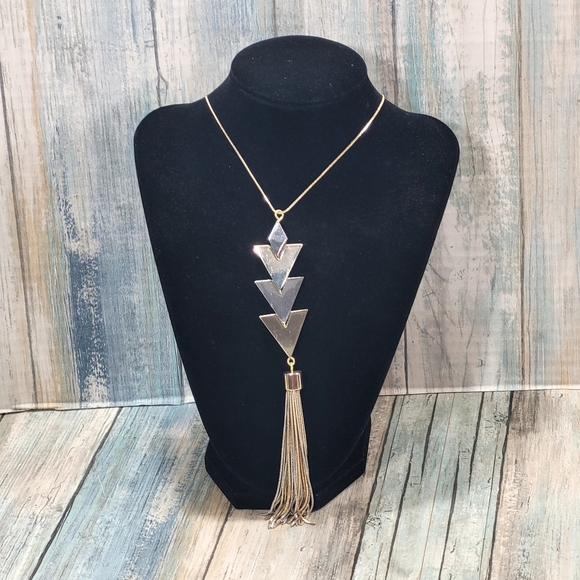 White House Black Market Silver and Gold Geometric with Tassel Necklace. - Picture 1 of 10